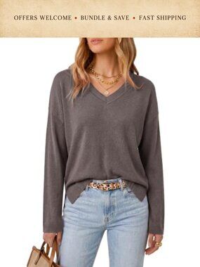 Wool Blend Oversized V Neck Pullover Sweater Split Hem